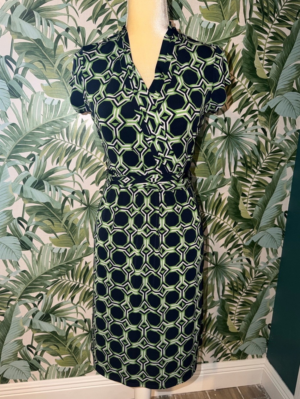 Liz Claiborne Navy and Green Geometric faux Wrap Midi Dress